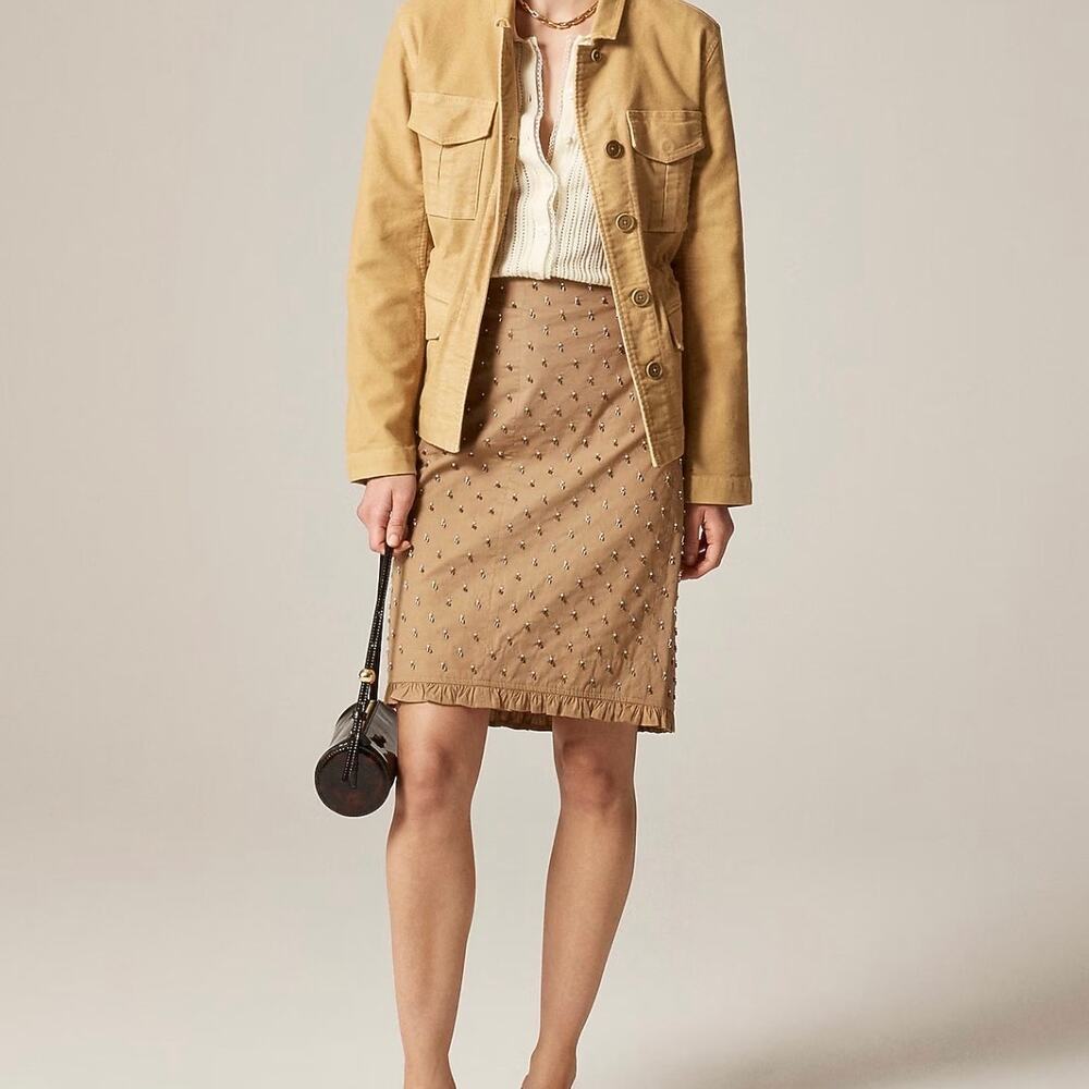 J.Crew Collection Embellished Ruffle Trim Pencil Midi Skirt Chino Camel 20 NWT